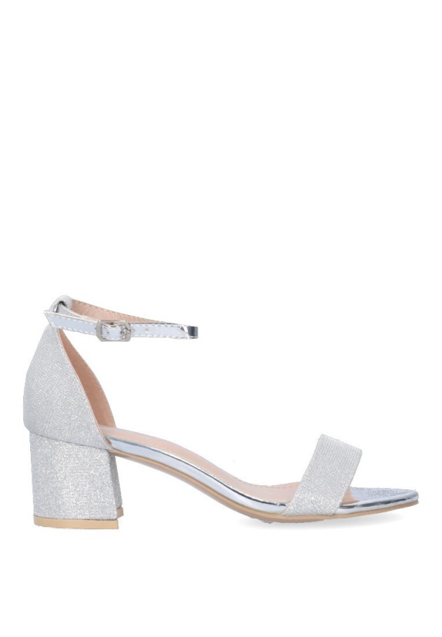 Sandalia de mujer ETIKA 91604 plata textil  tacón medio