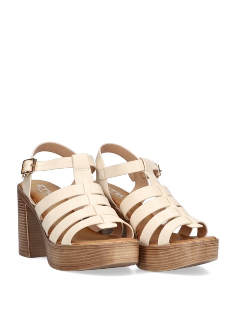 Sandalia romana ETIKA 30011 de mujer beige con tacón alto