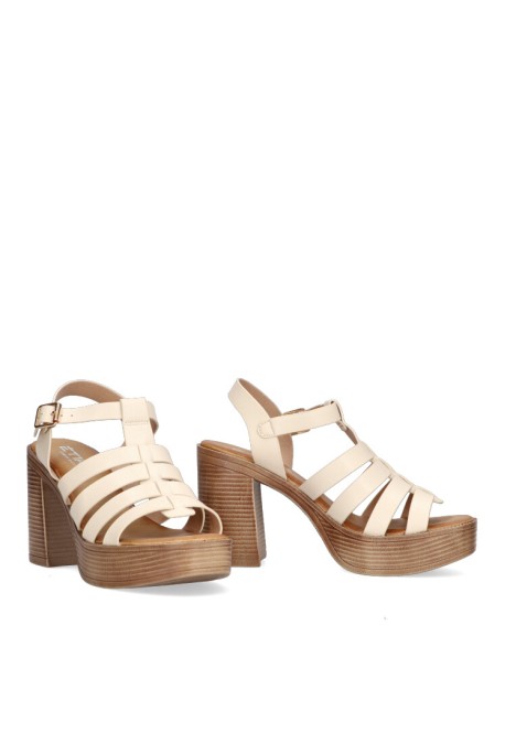 Sandalia romana ETIKA 30011 de mujer beige con tacón alto