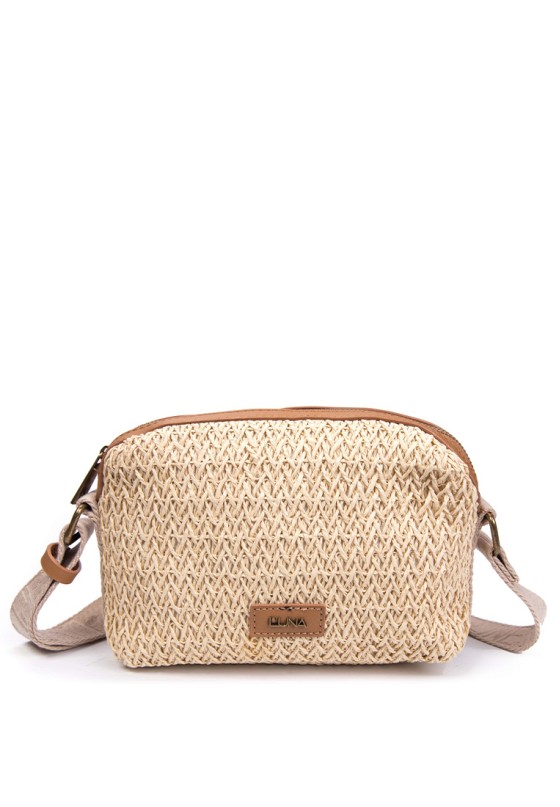 Bolso bandolera pequeña de mujer Luna Collection violeta 2 beige rafia 