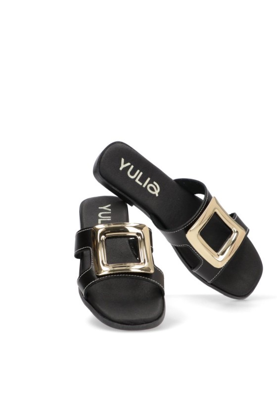 Sandalia de mujer YULIA 5565 negro piel suela plana