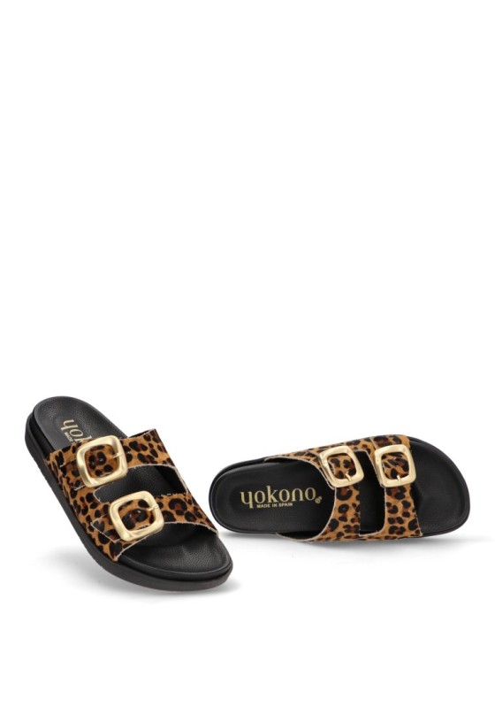 Sandalia de mujer YOKONO morena-711 leopardo piel suela plana