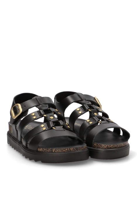 Sandalia de mujer YOKONO tunez-255 negro piel suela plana