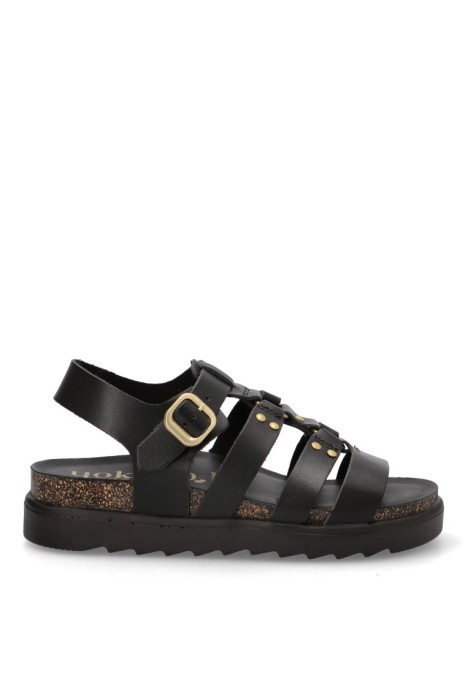 Sandalia de mujer YOKONO tunez-255 negro piel suela plana