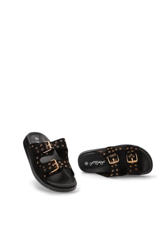 Sandalia de mujer STAY 64-2490 negro sintetico suela plana