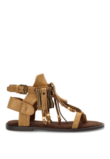 Sandalia de antelina camel con flecos y suela plana para mujer TRAVIATA M6485