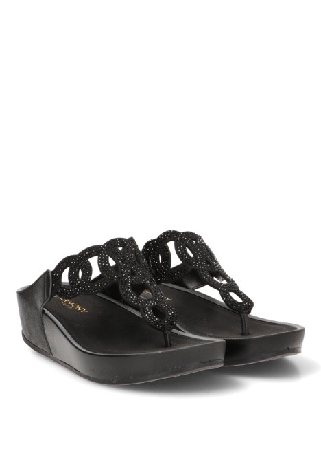 Sandalia negra de mujer ARMONY 10087 con cuña media y brillo