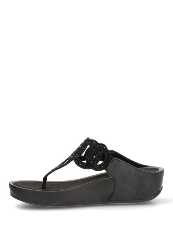Sandalia negra de mujer ARMONY 10087 con cuña media y brillo