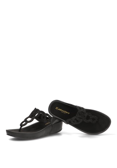 Sandalia negra de mujer ARMONY 10087 con cuña media y brillo