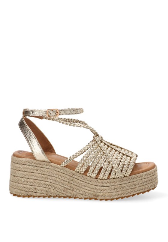 Sandalia ETIKA 20062 con tiras doradas y cuña media para mujer