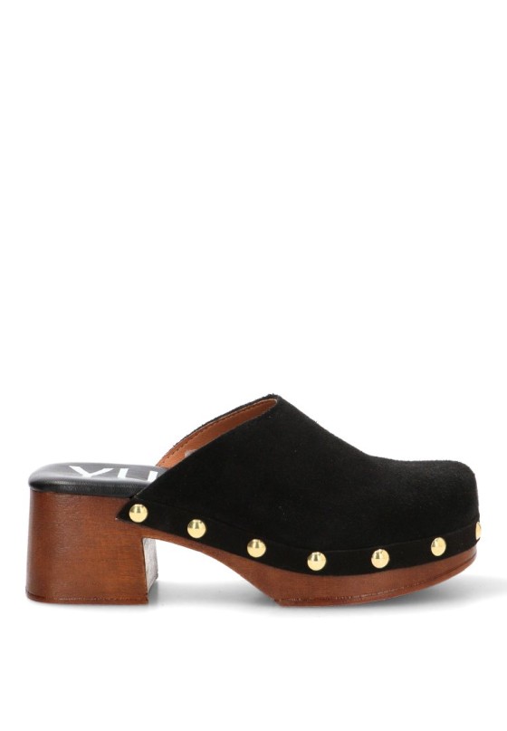 Zueco en piel negra YULIA 487 con tacón medio para mujer