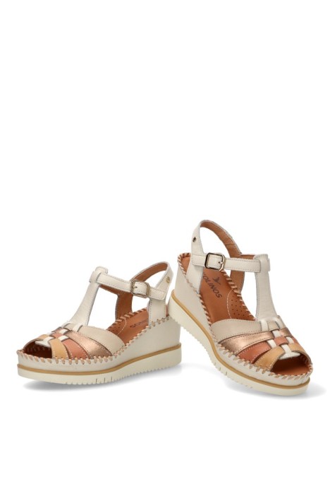 Sandalia de piel blanca con cuña media para mujer PIKOLINOS W3Z-1836C1