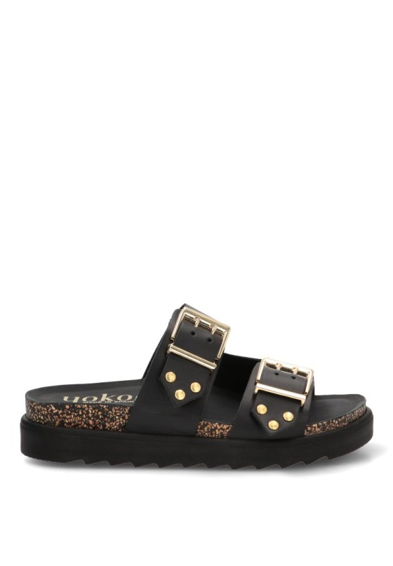 Sandalia de piel negra para mujer YOKONO TUNEZ-262 con suela plana