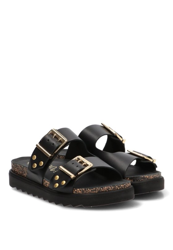 Sandalia de piel negra para mujer YOKONO TUNEZ-262 con suela plana