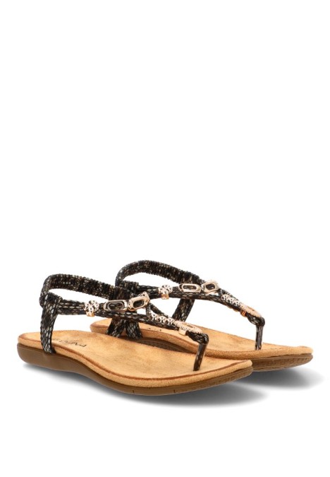 Sandalia negra con corte en T y suela plana de mujer STAY 60-629