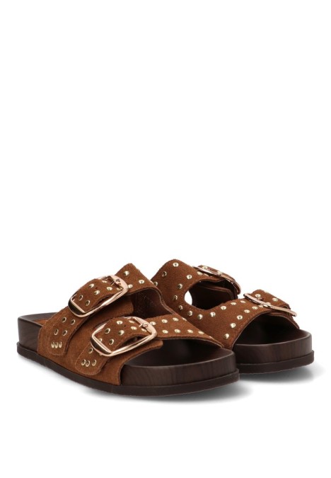 Sandalia de mujer CARMINA JHILTON H55-3085 en piel color cuero con hebilla y suela plana