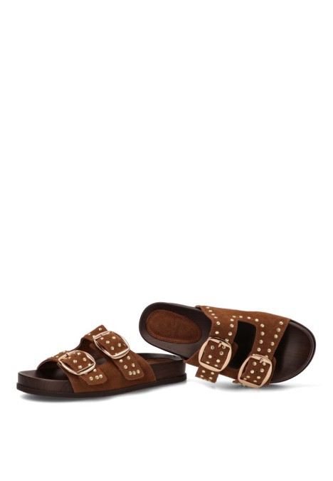 Sandalia de mujer CARMINA JHILTON H55-3085 en piel color cuero con hebilla y suela plana