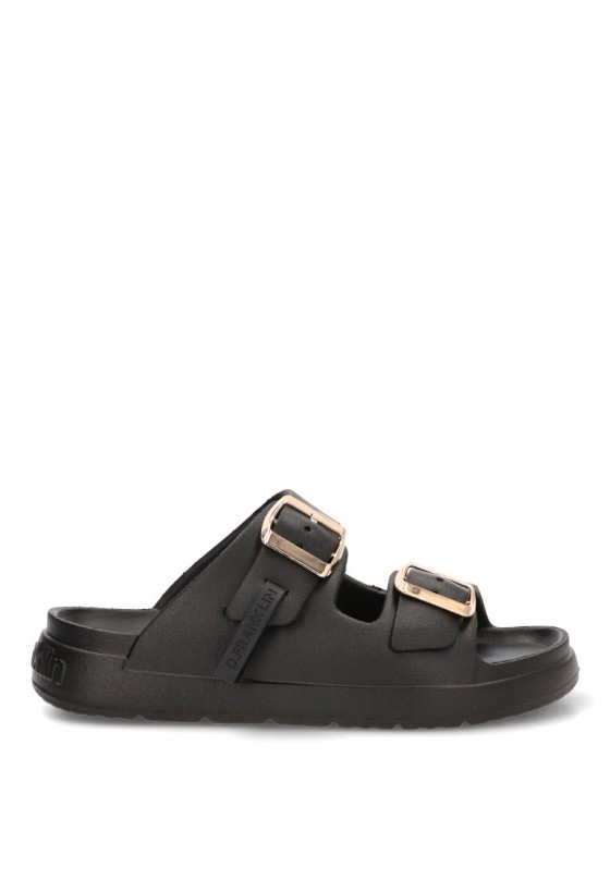 Chanclas de playa negras con hebilla y suela plana para mujer DR FRANKLIN DFSH413001