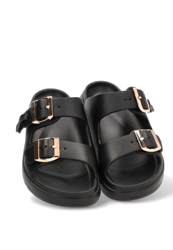 Chanclas de playa negras con hebilla y suela plana para mujer DR FRANKLIN DFSH413001