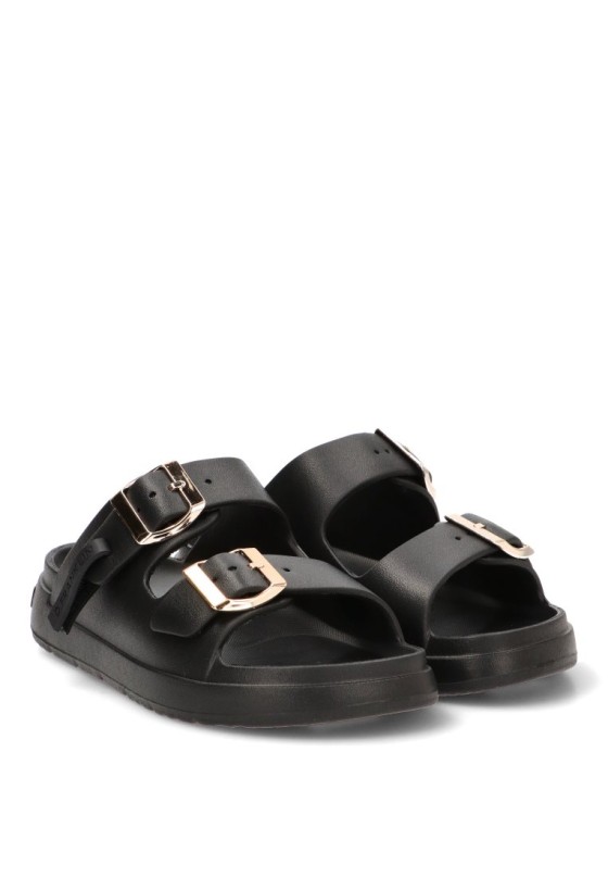Chanclas de playa negras con hebilla y suela plana para mujer DR FRANKLIN DFSH413001