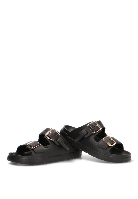 Chanclas de playa negras con hebilla y suela plana para mujer DR FRANKLIN DFSH413001