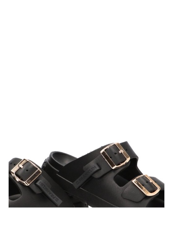 Chanclas de playa negras con hebilla y suela plana para mujer DR FRANKLIN DFSH413001