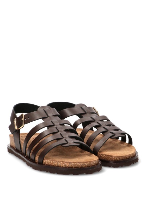 Sandalia BOLUS-107 de mujer YOKONO en piel chocolate con suela plana