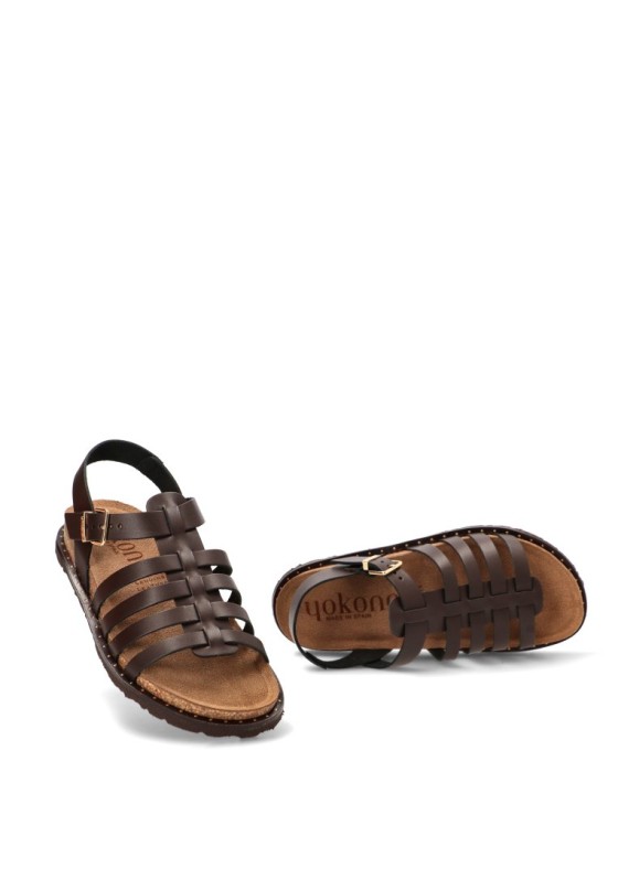 Sandalia BOLUS-107 de mujer YOKONO en piel chocolate con suela plana