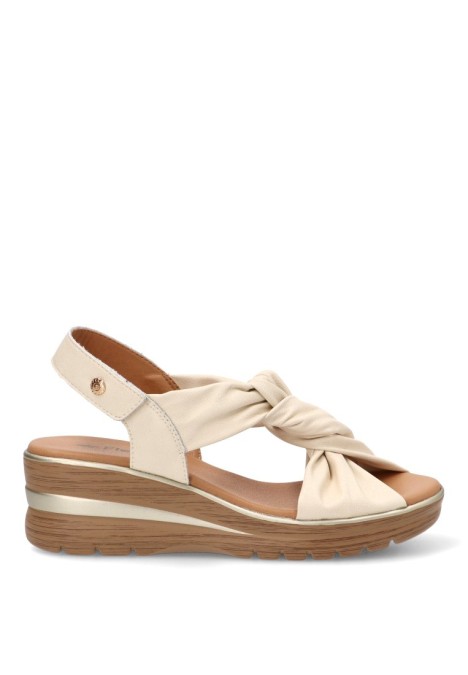 Sandalia beige de mujer FLEX PIES 690 en piel con nudo y cuña media