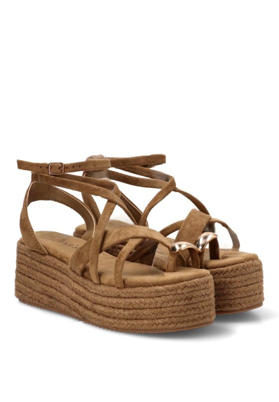 Sandalia kakhi de antelina con cuña media TINAS 6012 para mujer