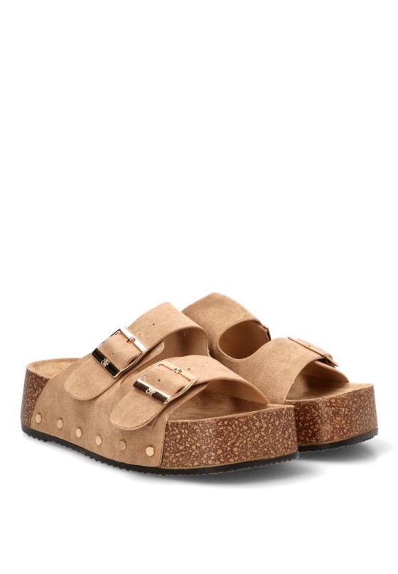 Sandalia en antelina kakhi con suela doble y hebillas para mujer BUONAROTTI L5323