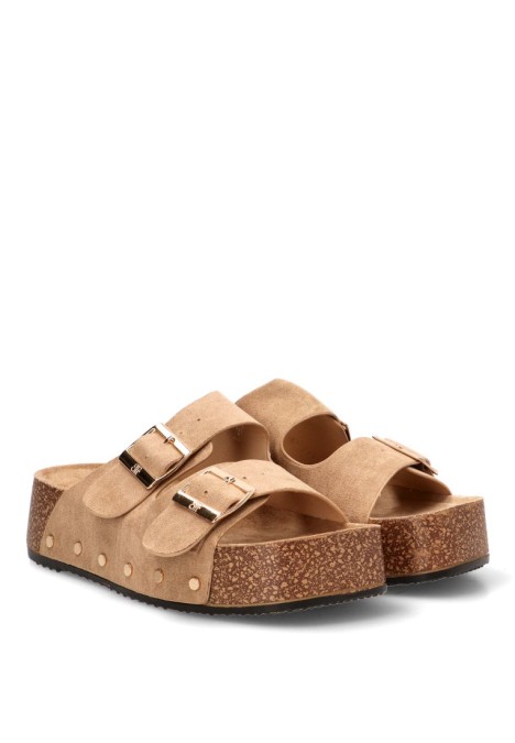 Sandalia en antelina kakhi con suela doble y hebillas para mujer BUONAROTTI L5323
