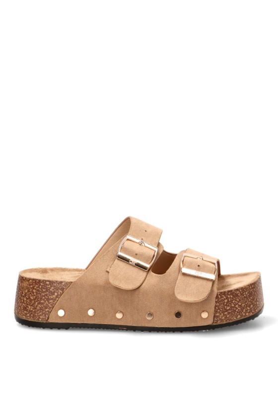 Sandalia en antelina kakhi con suela doble y hebillas para mujer BUONAROTTI L5323