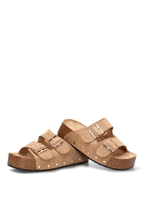 Sandalia en antelina kakhi con suela doble y hebillas para mujer BUONAROTTI L5323