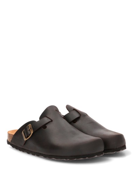 Zueco de piel chocolate para hombre AUTENTI 355 con hebilla y suela plana