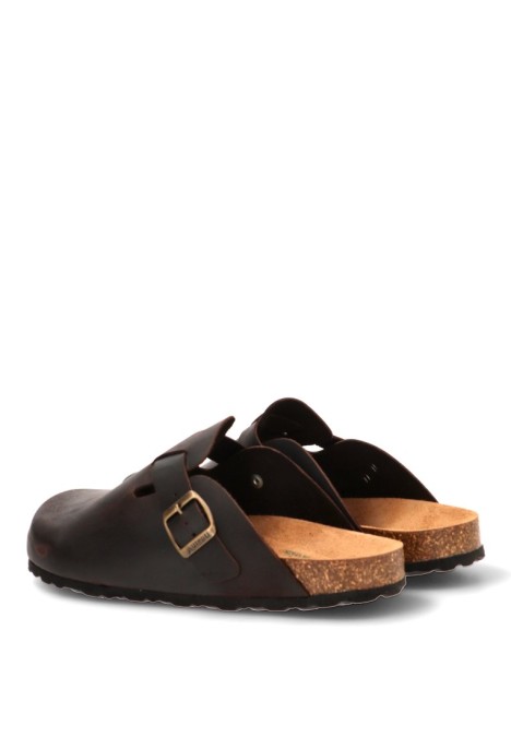 Zueco de piel chocolate para hombre AUTENTI 355 con hebilla y suela plana