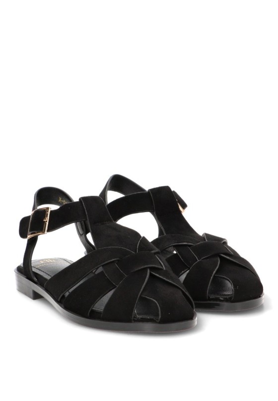 Sandalia cangrejera con suela plana de mujer BUONAROTTI X-5731 en antelina negra
