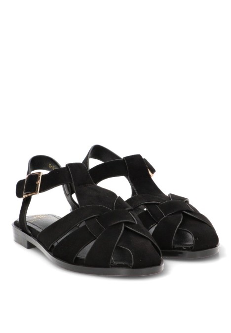 Sandalia cangrejera con suela plana de mujer BUONAROTTI X-5731 en antelina negra