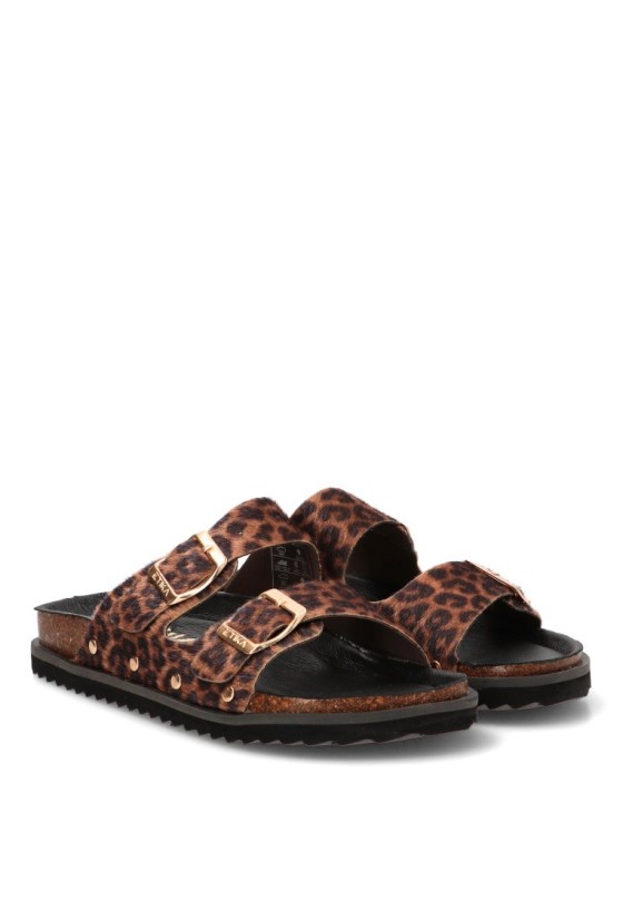 Sandalia leopardo de mujer ETIKA 10096 con hebillas y suela plana