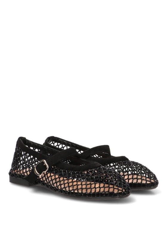 Bailarina negra con redecilla brillante y suela plana de mujer IDEAL SHOES 9861