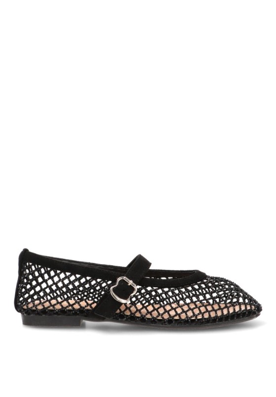 Bailarina negra con redecilla brillante y suela plana de mujer IDEAL SHOES 9861