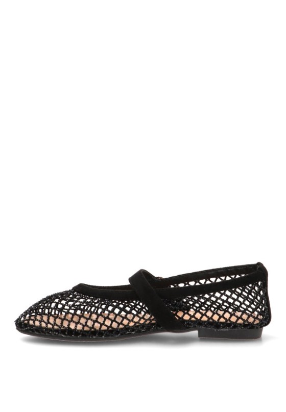 Bailarina negra con redecilla brillante y suela plana de mujer IDEAL SHOES 9861