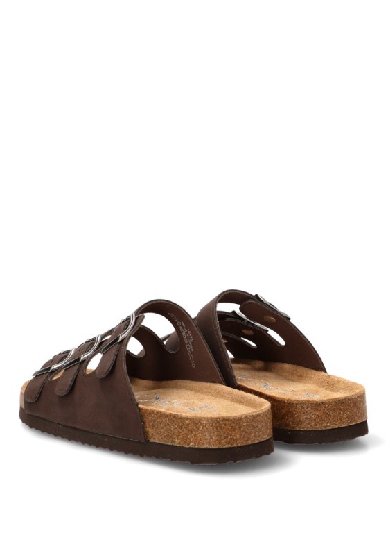 Sandalia de mujer ETIKA 10175 color chocolate con triple hebilla y suela plana