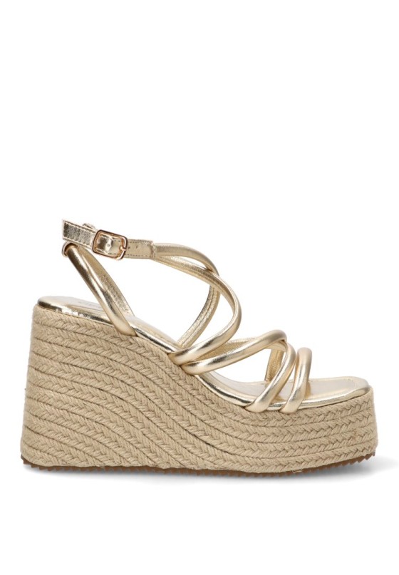 Sandalia P120 CEREZA oro con cuña alta y tiras para mujer