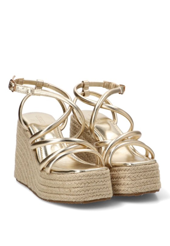 Sandalia P120 CEREZA oro con cuña alta y tiras para mujer