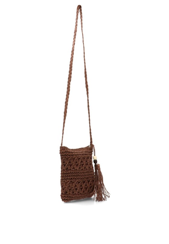 Bolso bandolera pequeña YULIA LZ con rafia color coffee y borla AM804