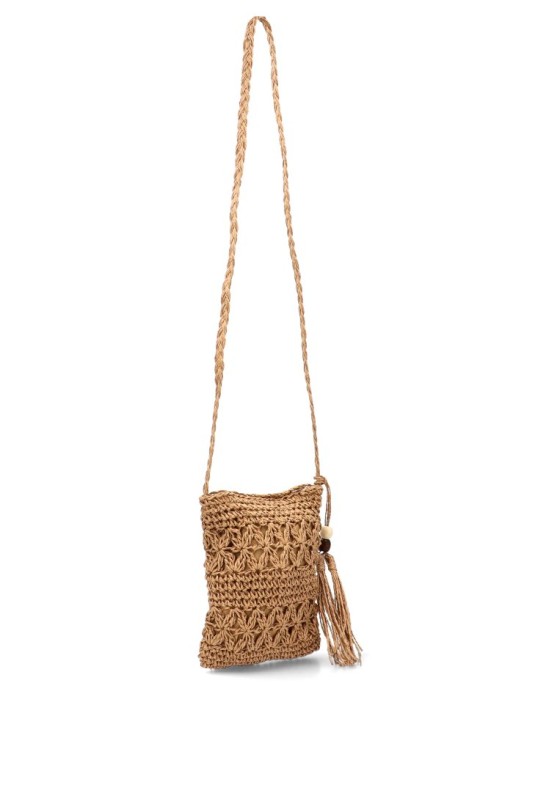 Bolso bandolera pequeño AM804 de mujer en rafia kakhi con borla