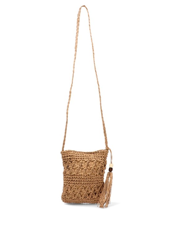 Bolso bandolera pequeño AM804 de mujer en rafia kakhi con borla