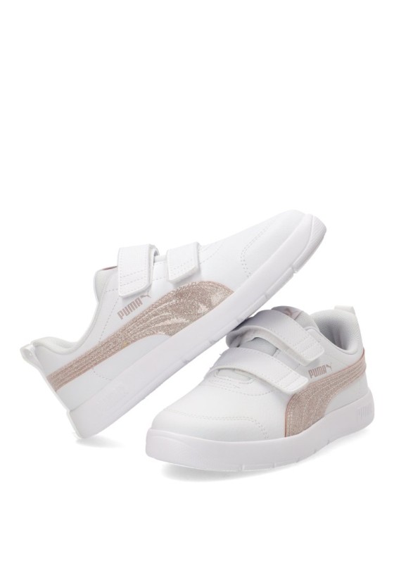 Deportivo blanco PUMA 408381 para niña con suela plana y cierre de velcro
