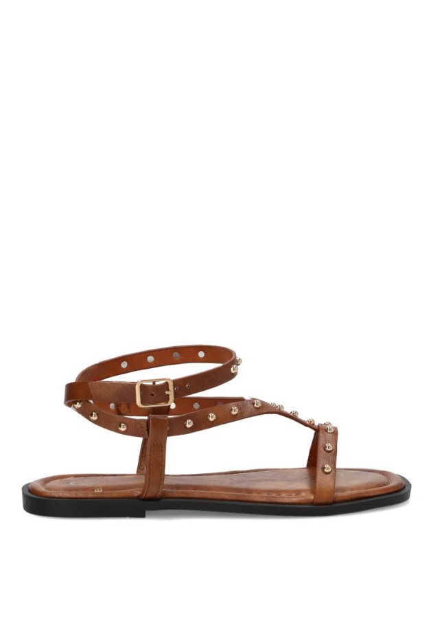 Sandalia plana camel con tachuelas para mujer Luna Collection HG-5806